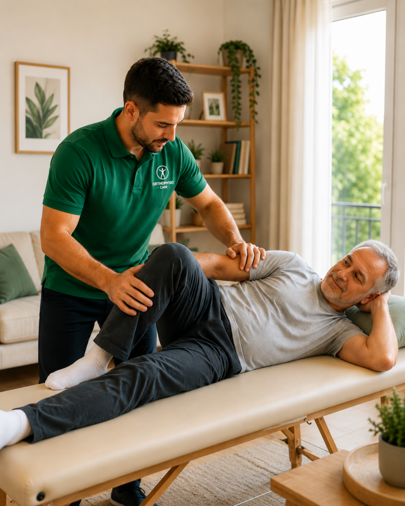 Φυσικοθεραπευτής της Orthophysio Care παρέχει φυσικοθεραπεία κατ' οίκον σε ασθενή στην Αθήνα.